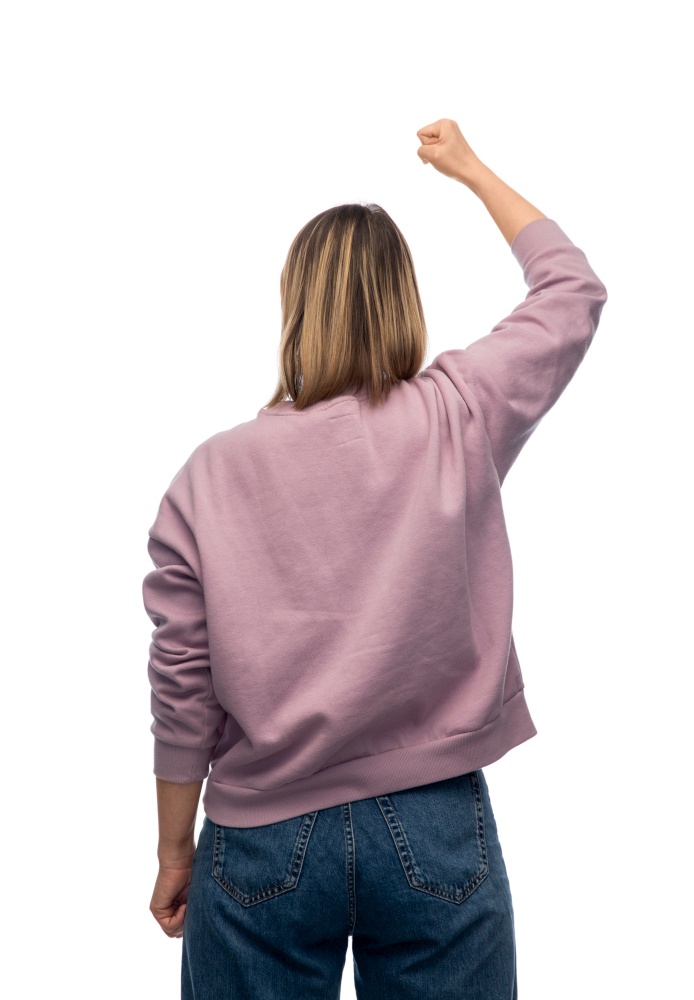 feminism and human rights concept - woman with raised fist protesting on demonstration over white background. woman with raised fist protesting on demonstration