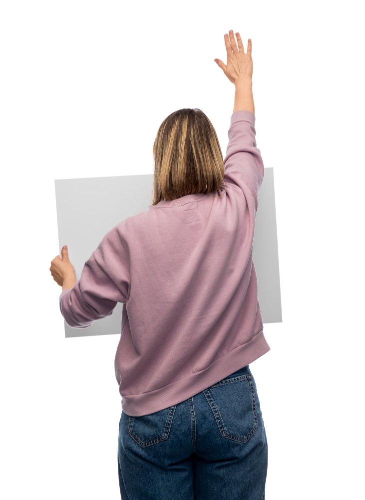 feminism and human rights concept - woman with poster protesting on demonstration and showing stop gesture over white background. protesting woman with poster on demonstration