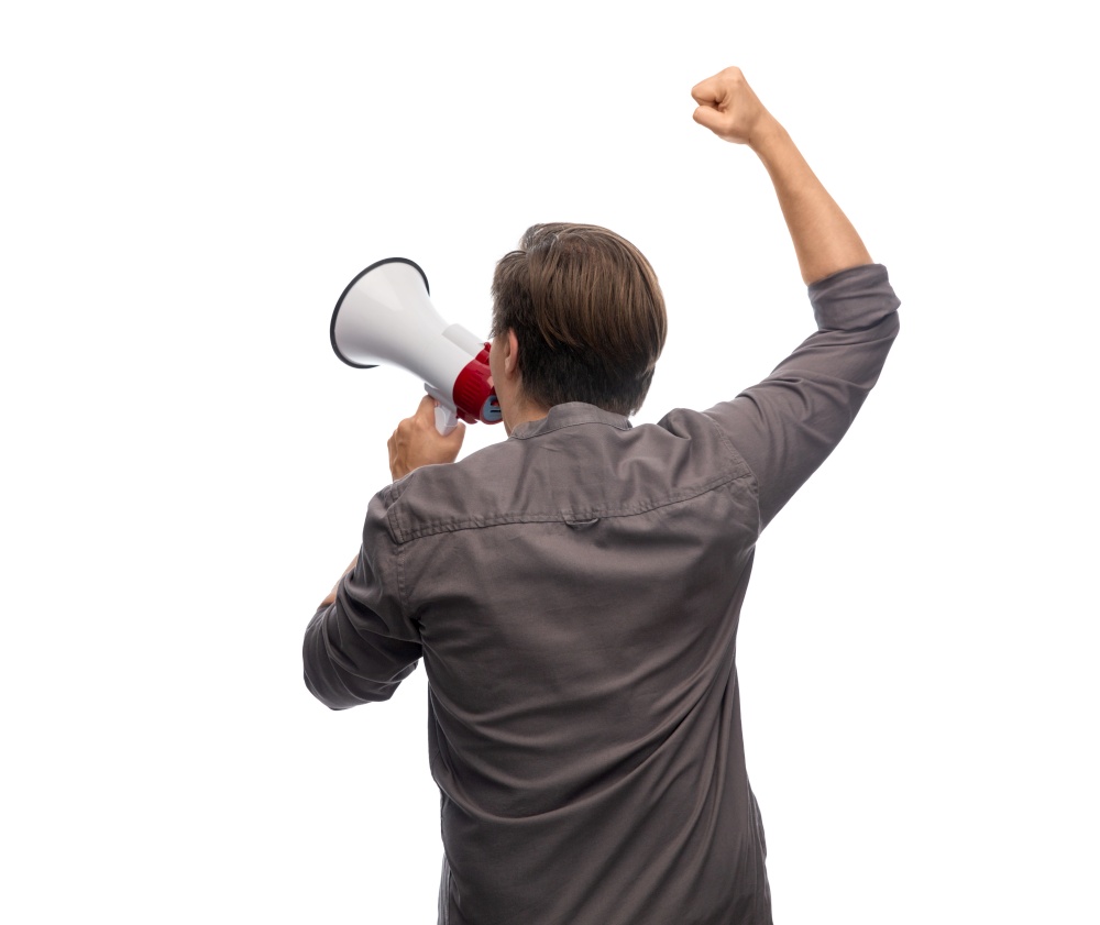 fight and human rights concept - man with megaphone protesting on demonstration over white background. man with megaphone protesting on demonstration