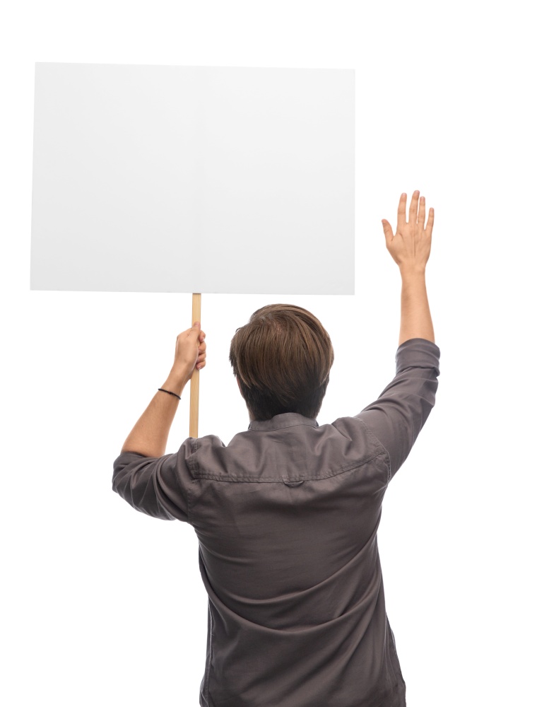people and human rights concept - man with poster protesting on demonstration and showing stop gesture over white background. man with poster showing stop gesture