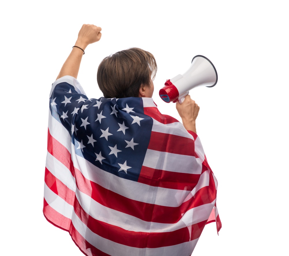 independence day, patriotic and human rights concept - man with megaphone and flag of united states of america protesting on demonstration over white background. man with megaphone and flag of united states