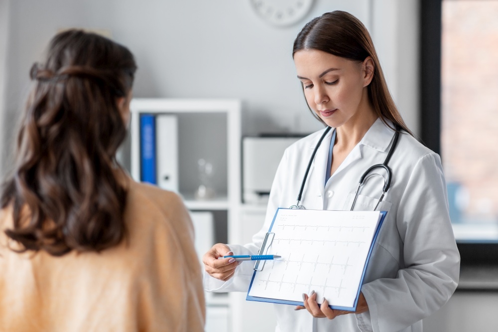 medicine, healthcare and people concept - female doctor or cardiologist with clipboard showing cardiogram to woman patient at hospital. doctor showing cardiogram to woman at hospital