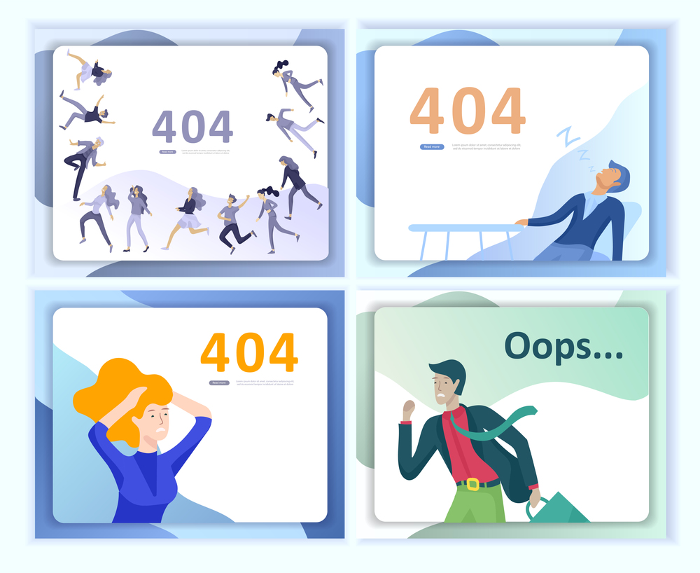 Set of Landing page templates Error page illustration with People characters. Page not found. Vector concept illustration for 404 error with Funny cartoon workers. Set of Landing page templates Error page illustration with People characters. Page not found. Vector concept illustration for 404 error with Funny cartoon