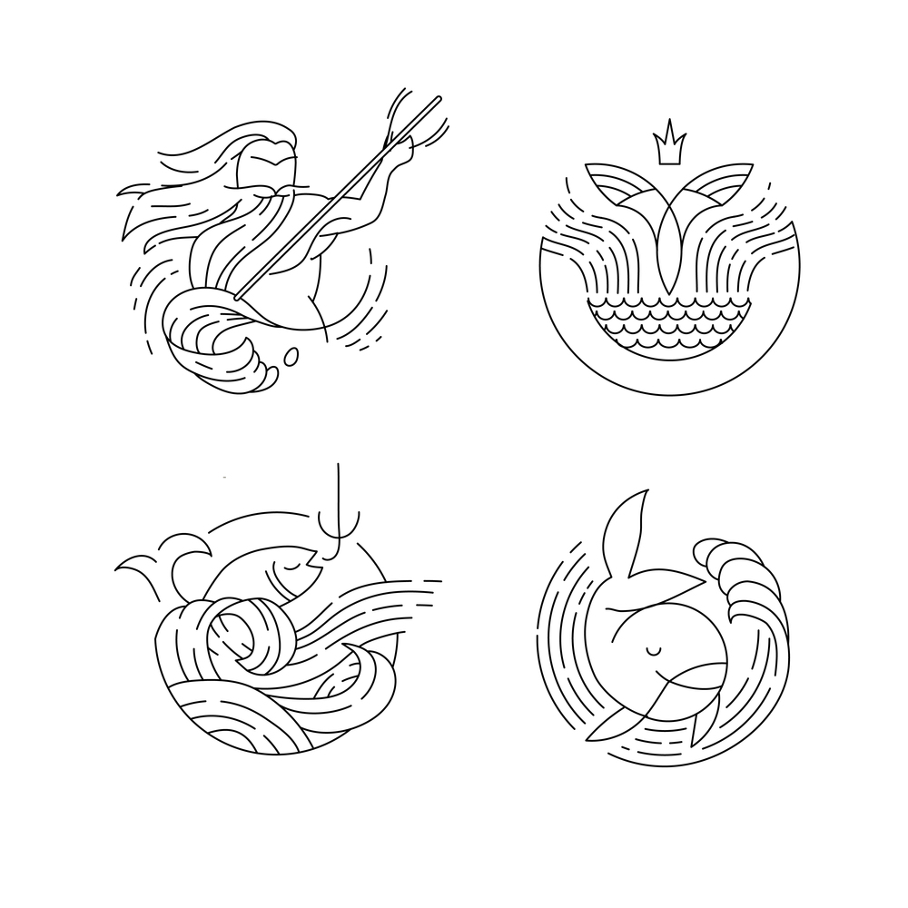 Vector icon and logo for sea or fish, asian food and seafood. Editable outline stroke size. Line flat contour, thin and linear design. Simple icons. Concept illustration. Sign, symbol, element.. Vector icon and logo for sea or fish, asian food and seafood