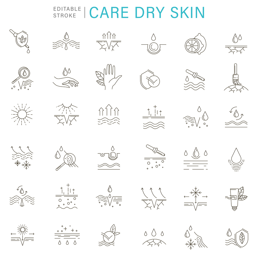 Vector icon and logo for natural cosmetics and care dry skin. Editable outline stroke size.Vitamin E, olive oil, collagen and serum drop elements. Concept illustration. Sign, symbol, element.. Vector icon and logo for natural cosmetics and care dry skin