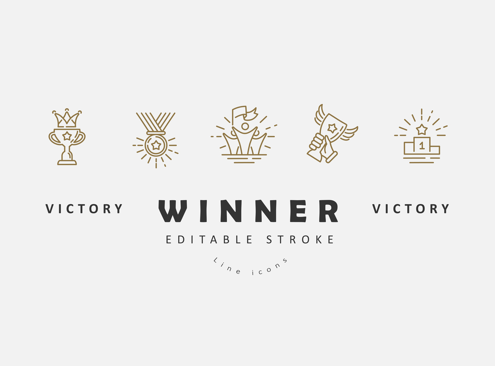 Vector icon and logo winner and champion. Editable outline stroke size. Line flat contour, thin and linear design. Simple icons. Concept illustration. Sign, symbol, element.. Vector icon and logo winner and champion. Editable outline stroke