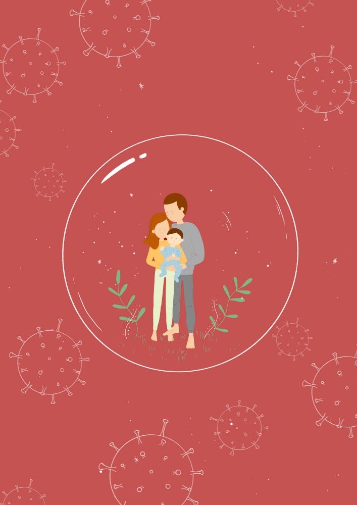 Illustration of a couple with a baby inside a protective bubble during the Corona virus Pandemic