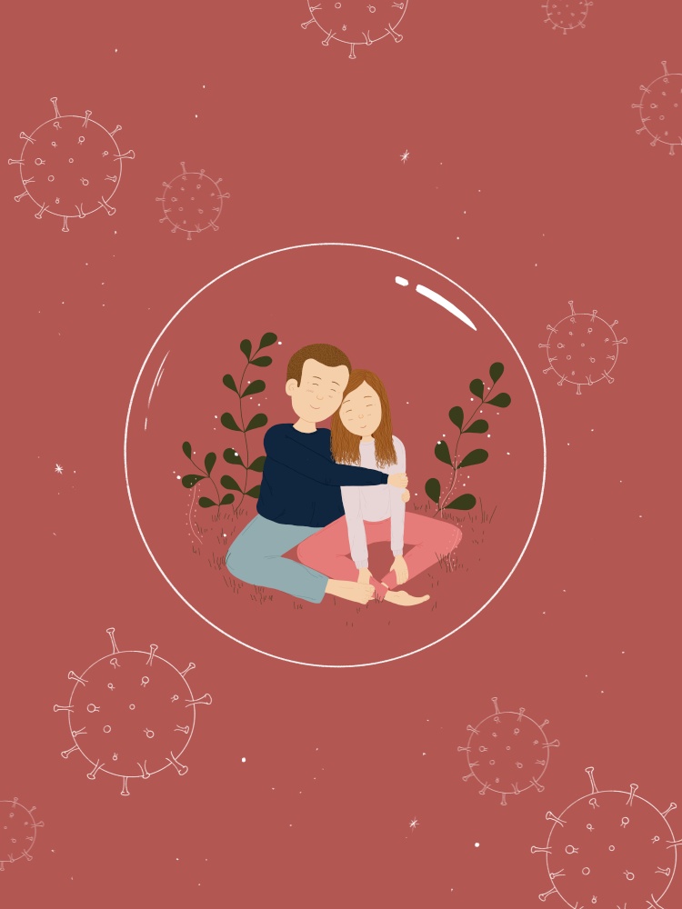 Illustration of a romantic couple inside a protective bubble. Valentines Day during the Corona virus Pandemic