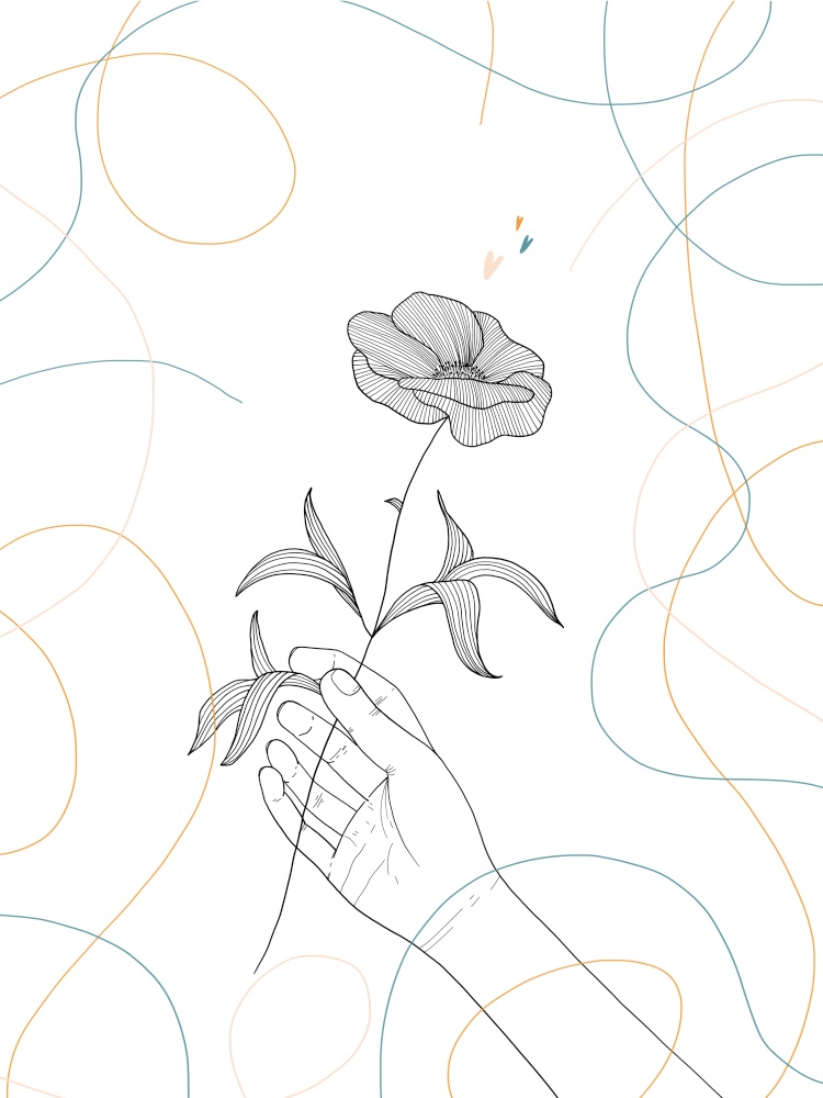 Hand draw illustration of a human hand holding a flower