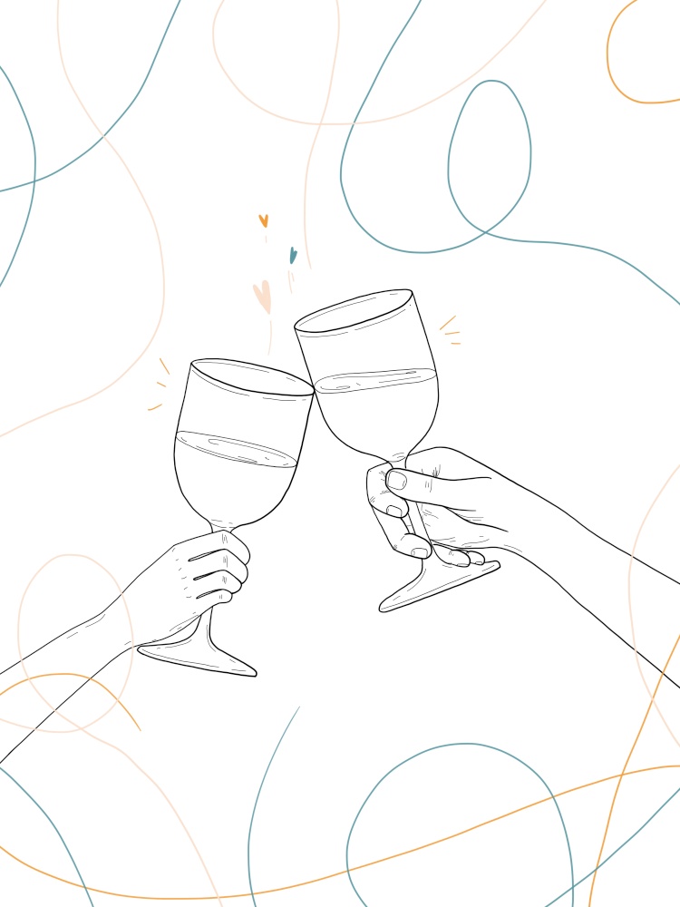 Hand Draw illustration of two people hands celebrating with a glass of wine