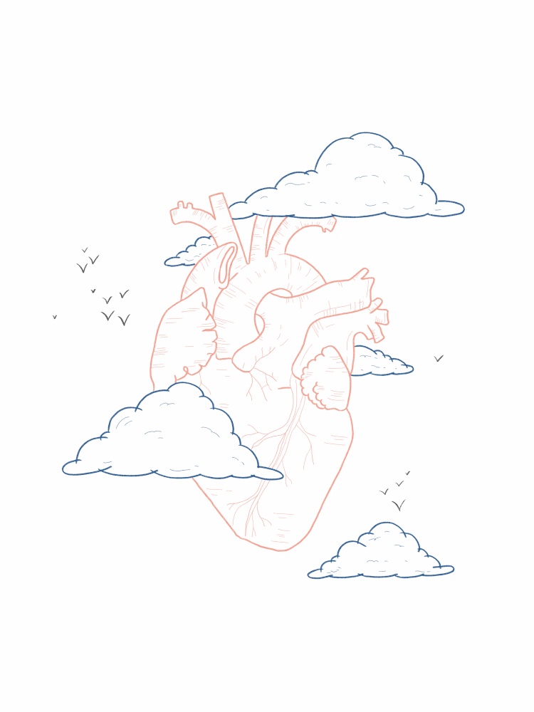 Hand Draw Illustration of a heart between clouds - Our heart is our sun