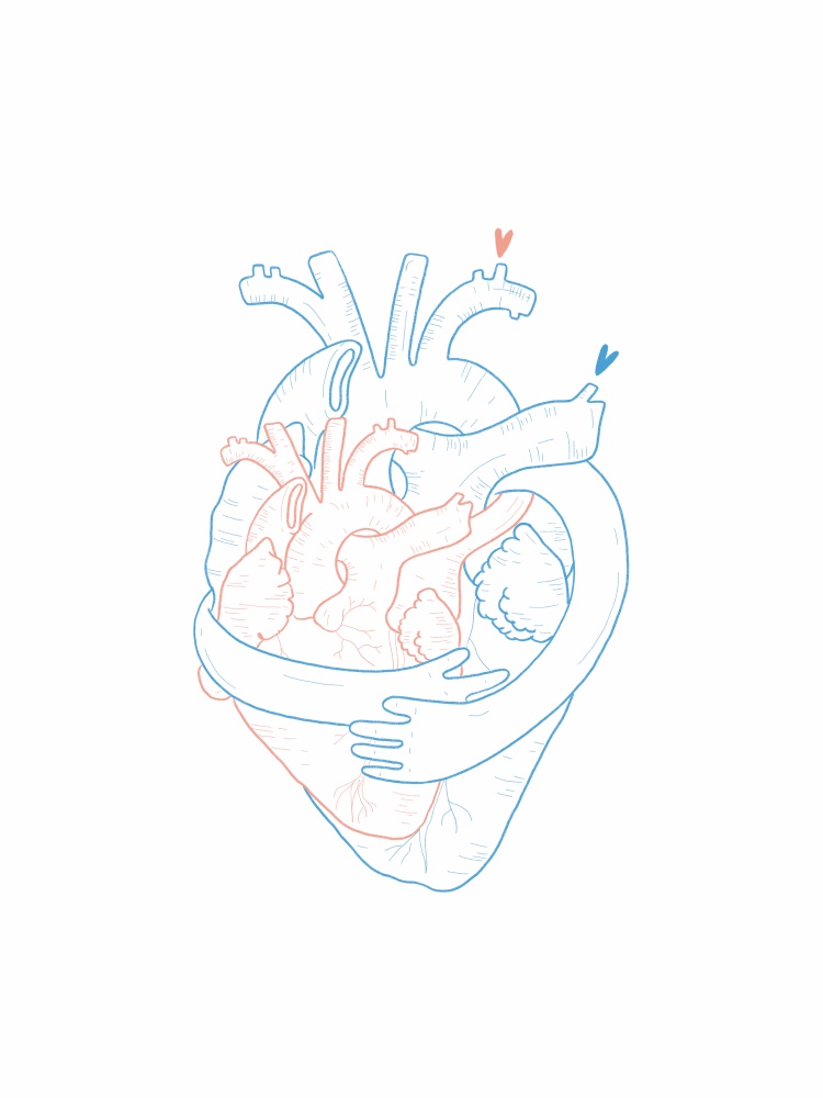 Hand draw Illustration of two hearts hugging each other