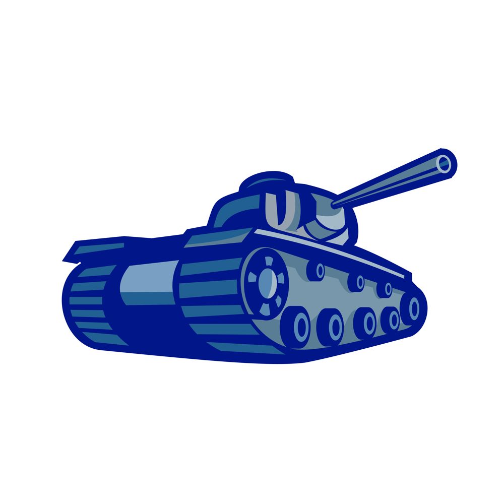 Retro style illustration of an American world war two battle tank pointing its gun to side viewed mfrom low angle on isolated background.. American World War Two Battle Tank Retro
