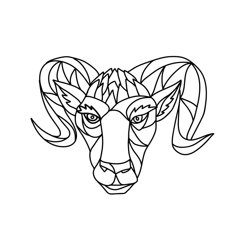 Mosaic low polygon style illustration of a head of a bighorn sheep ram viewed from front on isolated white background in black and white.. Bighorn Sheep Ram Mosaic Black and White