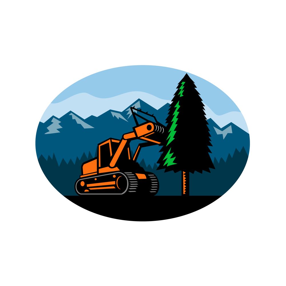 Retro style illustration of a tracked mulching tractor or forestry mulcher tearing down a pine tree with forest and mountains set inside oval on isolated background.. Forestry Mulcher Tearing Tree Oval Retro