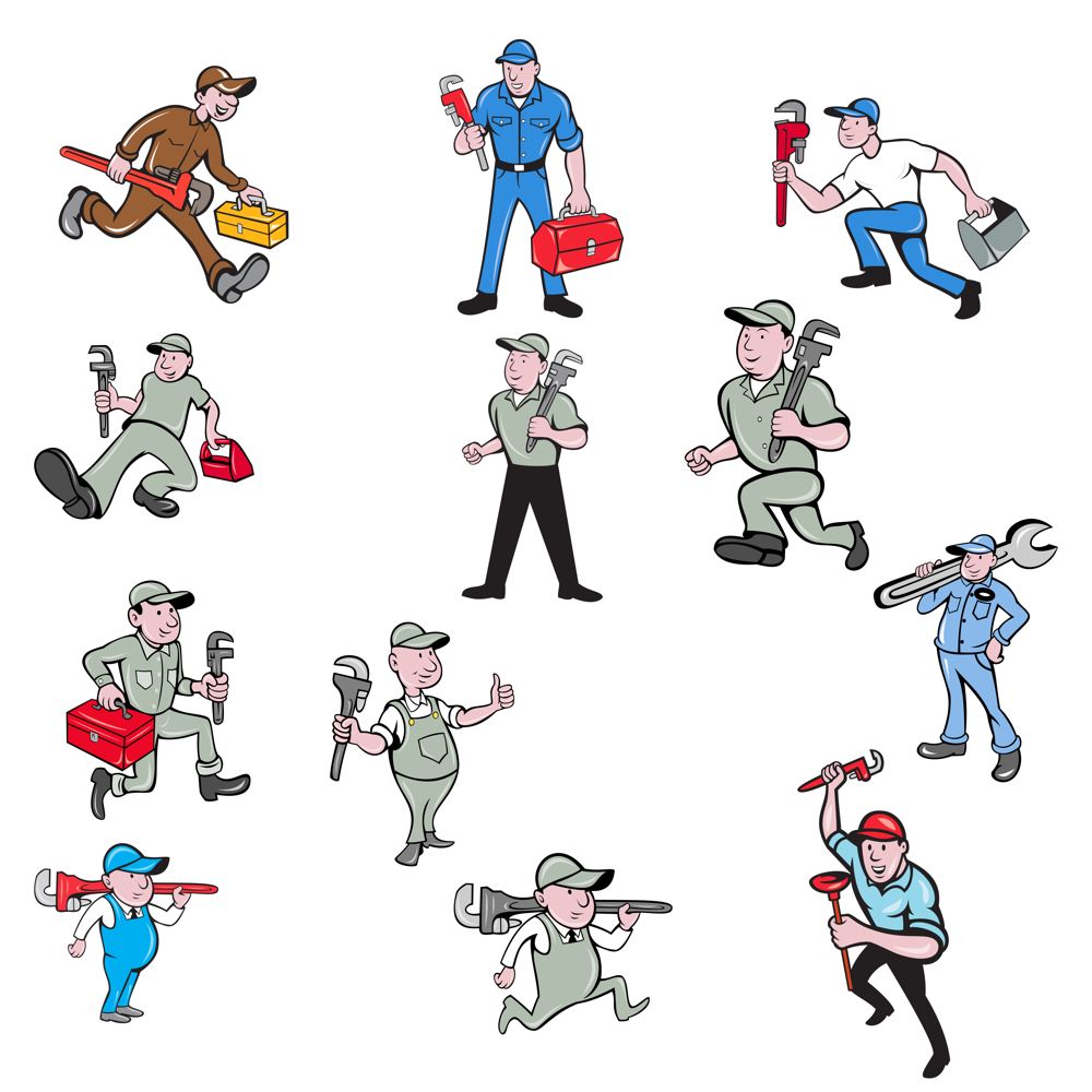 Set or collection of cartoon character mascot style illustration of a plumber contractor in overalls and hat carrying monkey wrench and toolbox walking, running and standing on isolated white background.. Plumber Cartoon Set