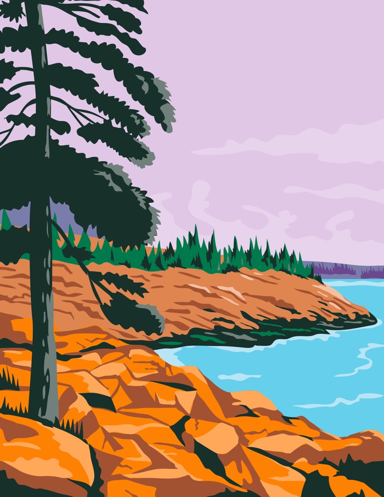 WPA poster art of the  done in works project administration or federal art project style.. Acadia National Park in Southwest of Bar Harbor Maine United States WPA Poster Art Color