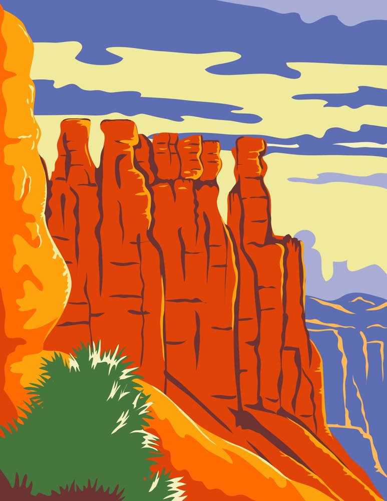 WPA poster art of the Bryce Canyon National Park, a natural amphitheater carved into edge of high plateau in Utah United States done in works project administration or federal art project style.. Bryce Canyon National Park in Paunsaugunt Plateau Garfield County and Kane County Utah WPA Poster Art Color