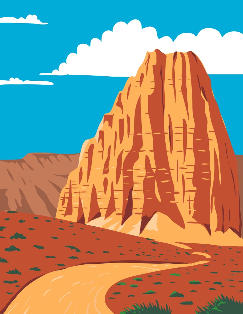 WPA poster art of the Cathedral Valley Loop in Capitol Reef National Park, south-central Utah, United States done in works project administration or federal art project style.. Cathedral Valley Loop in Capitol Reef National Park South-Central Utah United States WPA Poster Art Color