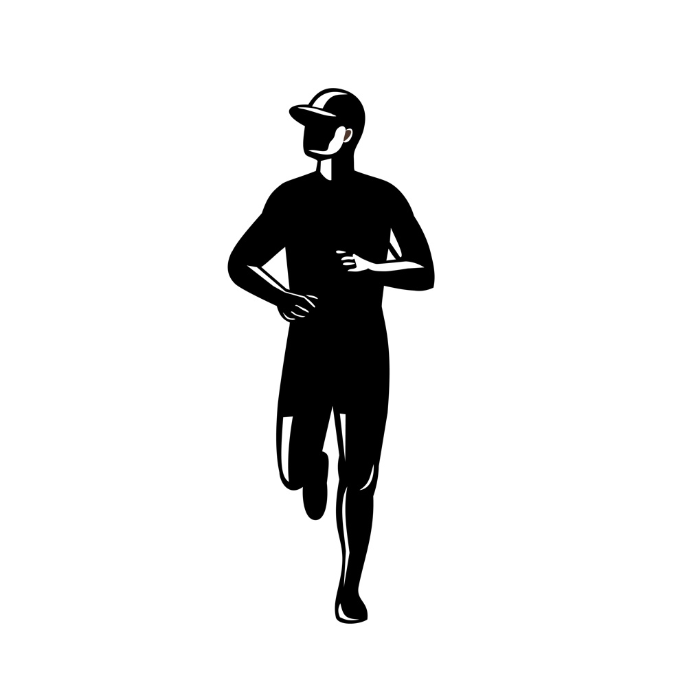 Retro style black and white illustration of a silhouette of a country marathon runner running viewed from front on isolated white background.. Silhouette of Country Marathon Runner Running Front View Retro Black and White