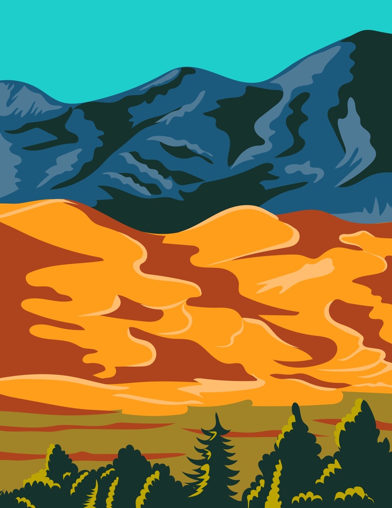 WPA poster art of Great Sand Dunes National Park and Preserve with huge dunes like Star Dune and Medano Creek in Colorado United States in works project administration or federal art project style.. Great Sand Dunes National Park and Preserve in Colorado United States WPA Poster Art Color