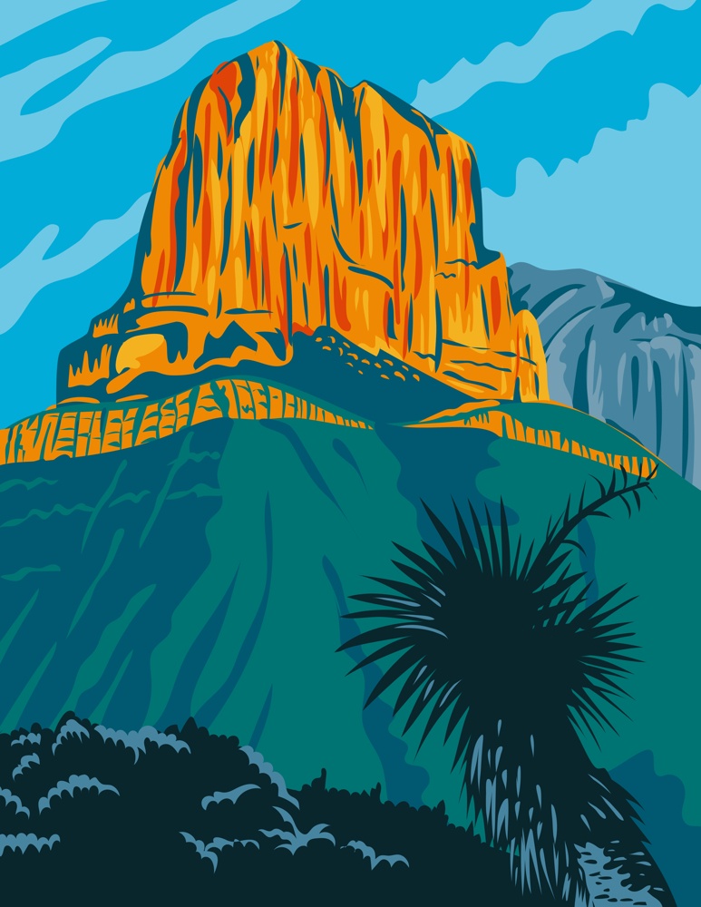 WPA poster art of Guadalupe Mountains National Park with El Capitan peak, an American national park east of El Paso, Texas United States done in works project administration federal art project style.. Guadalupe Mountains National Park with El Capitan Peak Texas United States WPA Poster Art Color