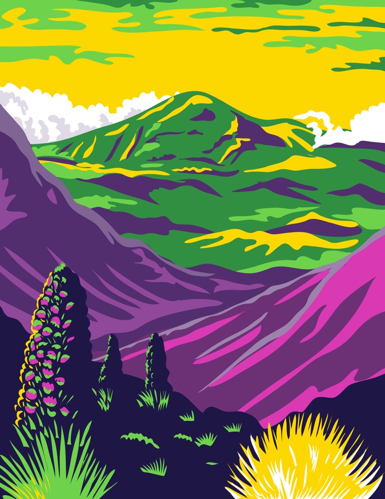 WPA poster art of Haleakala National Park in the island of Maui named after Haleakala, a dormant volcano in Hawaii United States done in works project administration federal art project style.. Haleakala National Park and Haleakala Volcano in Maui Hawaii United States WPA Poster Art Color