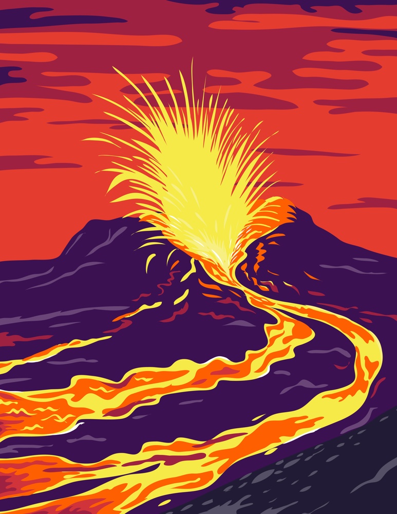 WPA poster art of Hawaii Volcanoes National Park with the active KIlauea volcano spewing lava in Hawaii County, Hawaii United States done in works project administration federal art project style.. Hawaii Volcanoes National Park with active KIlauea volcano United States WPA Poster Art Color
