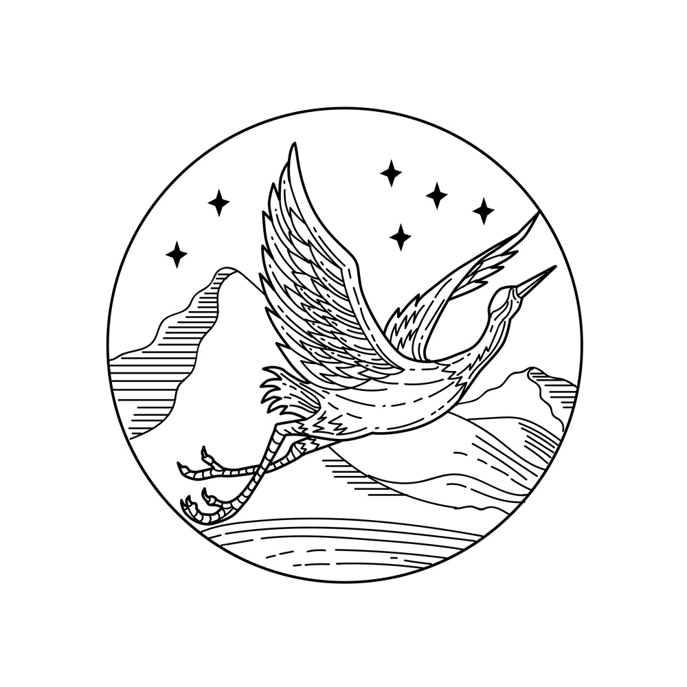 Black and white mono line style illustration of a great blue heron flying viewed from the side set inside circle with stars and mountains on isolated white background. . Great Blue Heron Flying Over Mountains With Stars Circle Mono Line Style Black and White