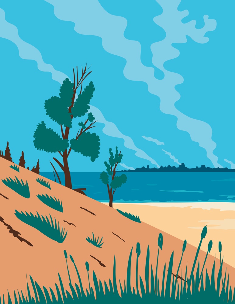 WPA poster art of Indiana Dunes National Park, a United States National Park located in Northwestern Indiana, United States done in works project administration federal art project style.. Indiana Dunes National Park  in Northwestern Indiana United States WPA Poster Art Color
