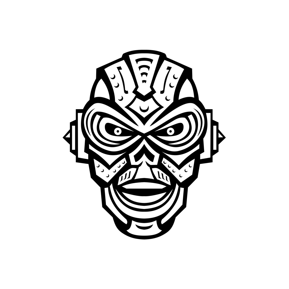 Mascot illustration of head of an angry iron skull robot or android viewed from front on isolated background in retro black and white style.. Angry Iron Skull Robot or Android Viewed from Front Mascot  Retro Black and White Style