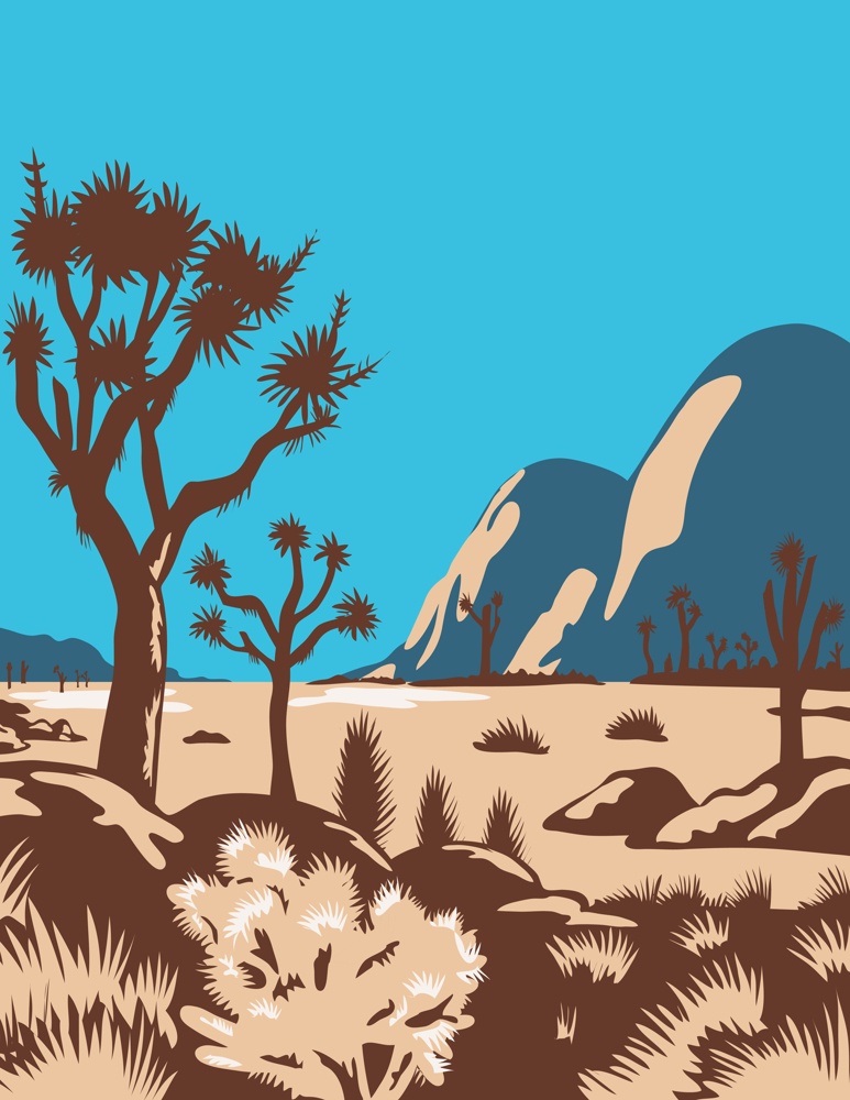 WPA poster art of Joshua Tree National Park in east of Los Angeles and San Bernardino near Palm Springs, California United States done in works project administration federal art project style.. Joshua Tree National Park Riverside County California United States WPA Poster Art Color