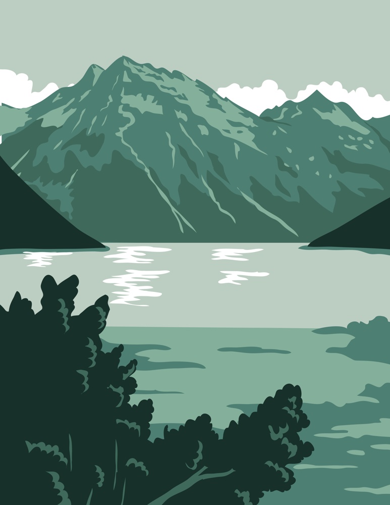 WPA poster art of the Lake Clark National Park and Preserve, an American national park in Anchorage, southwest of Alaska, United States done in works project administration federal art project style. Lake Clark National Park and Preserve in Anchorage Alaska United States WPA Poster Art Color