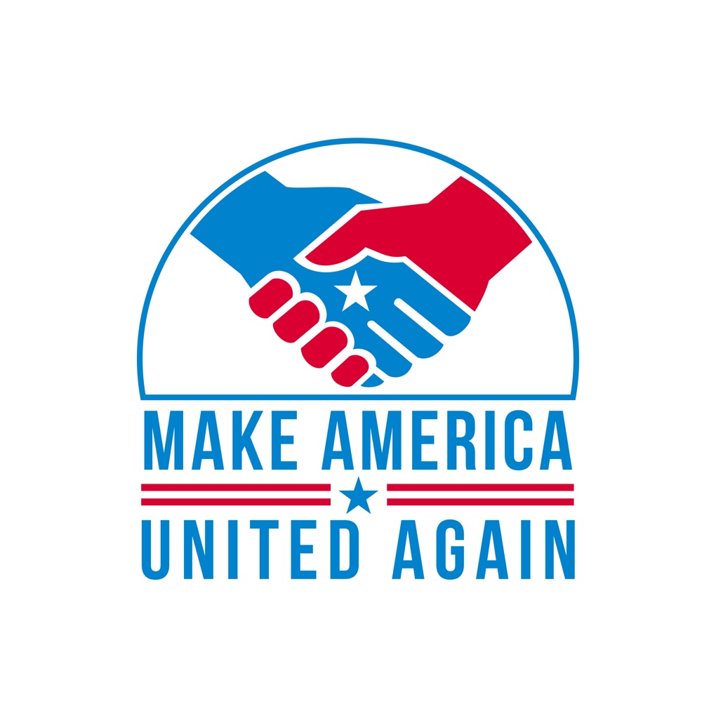 Retro style illustration of two American hands in a firm friendship handshake with USA star in the center and words Make America United Again on isolated background done in United States red and blue.. American Hands in Handshake with USA Star and Words Make America United Again Retro