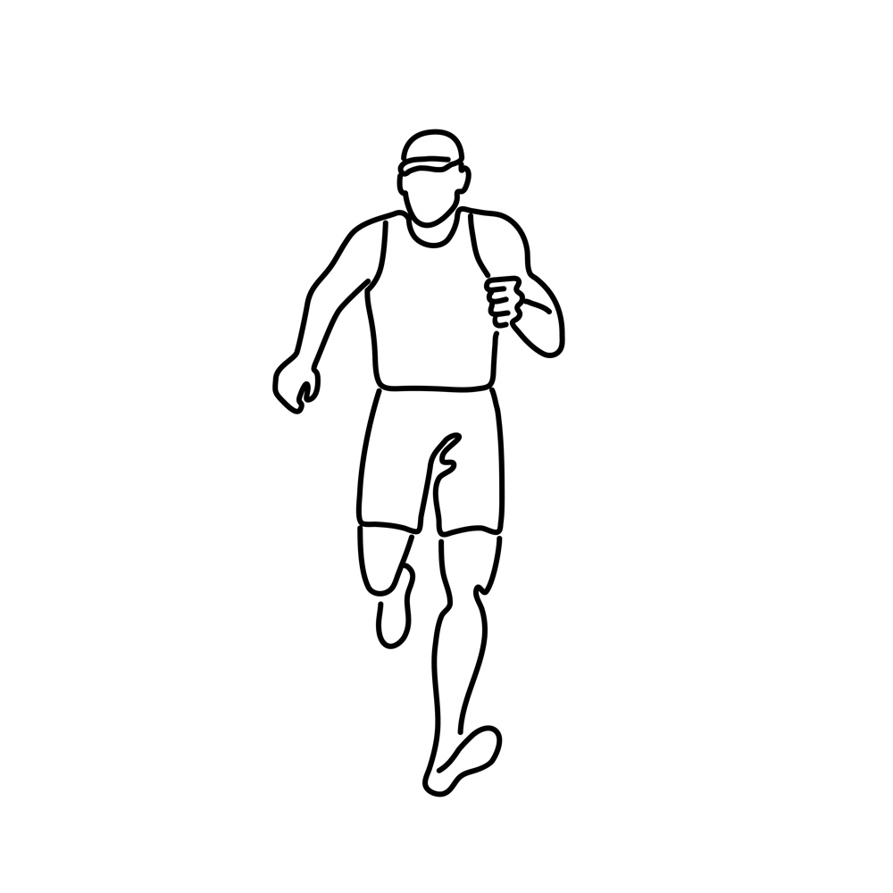 Black and white line drawing illustration of a male marathon runner running viewed from front on isolated background.. Male Marathon Runner Running Front View Line Drawing Black and White