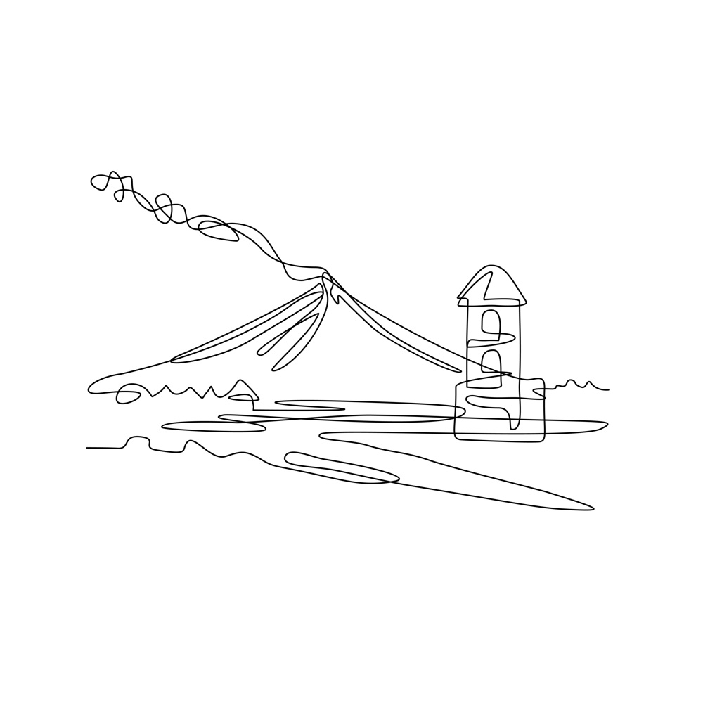 Continuous line drawing illustration of Mayon Volcano or Mount Mayon with Cagsawa church bell tower ruins, a sacred and active stratovolcano in Albay, Bicol, Philippines in sketch or doodle style. . Mayon Volcano or Mount Mayon with Cagsawa Church Bell Tower Ruins Continuous Line Drawing