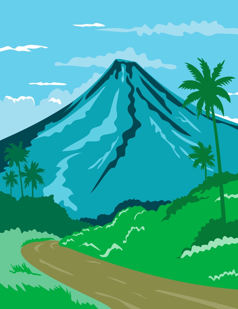 WPA poster art of Mayon Volcano or Mount Mayon, a sacred and active stratovolcano in the province of Albay in Bicol, Philippines done in works project administration or federal art project style.. Mayon Volcano or Mount Mayon in the Province of Albay in Bicol Philippines WPA Poster Art Color