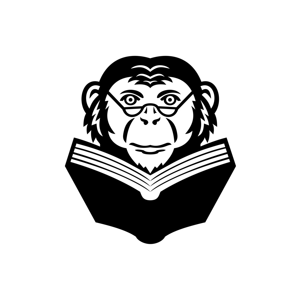 Mascot illustration of head of a noble chimpanzee, chimp, monkey, primate or ape wearing glasses reading a book viewed from front on isolated background in retro style.. Chimpanzee Chimp Monkey Primate or Ape Wearing Glasses Reading Book Mascot Black and White