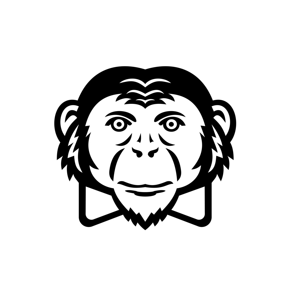 Mascot illustration of head of a noble chimpanzee, chimp, monkey, primate or ape wearing bow tie viewed from front on isolated background in retro style.. Noble Chimpanzee Chimp Monkey Primate or Ape Wearing Bow Tie Mascot Black and White
