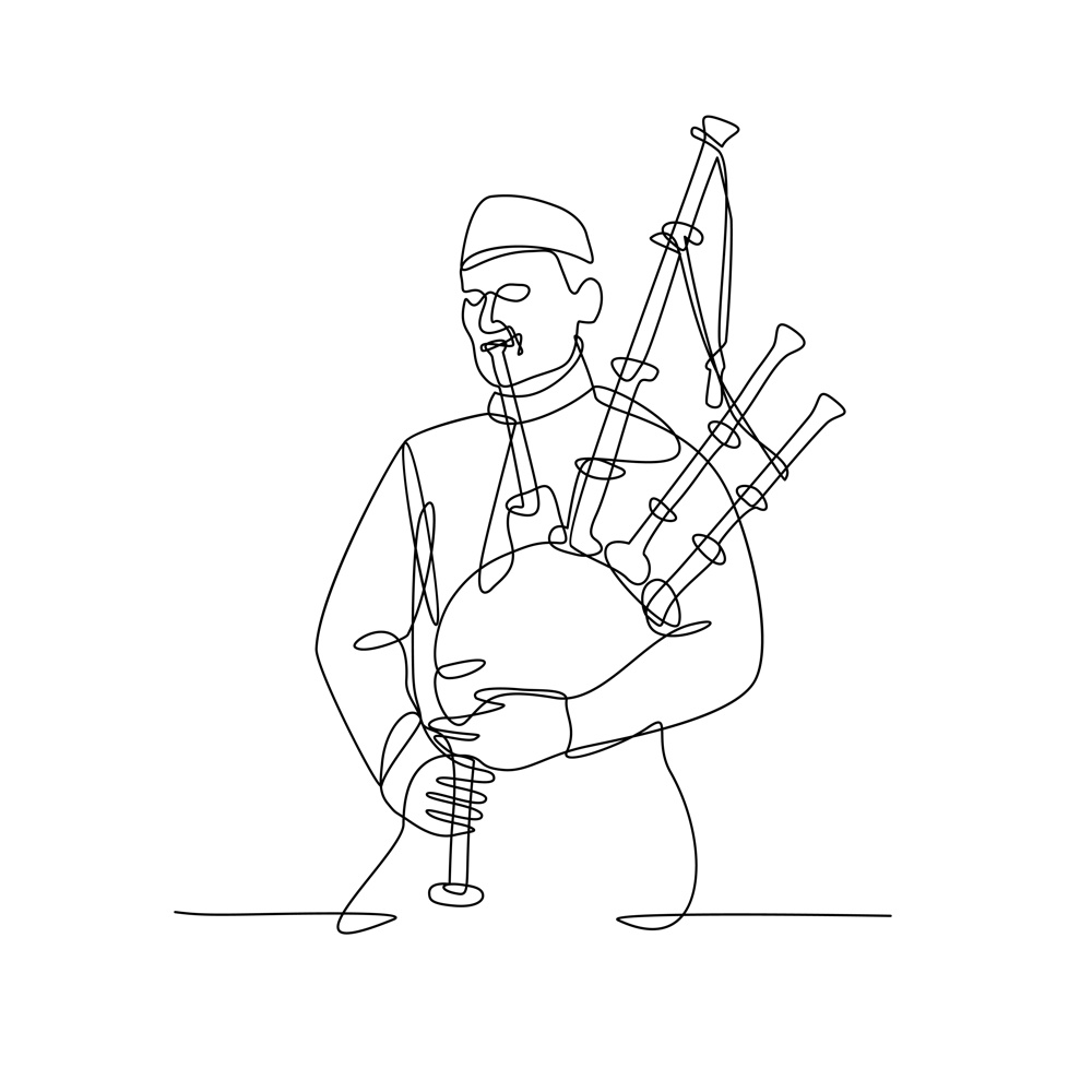 Continuous line drawing illustration of a Scottish bagpiper playing bagpipe, a woodwind instrument using enclosed reeds fed from a constant reservoir of air front view in sketch or doodle style. . Scottish Bagpiper Playing Bagpipe Continuous Line Drawing Black and White