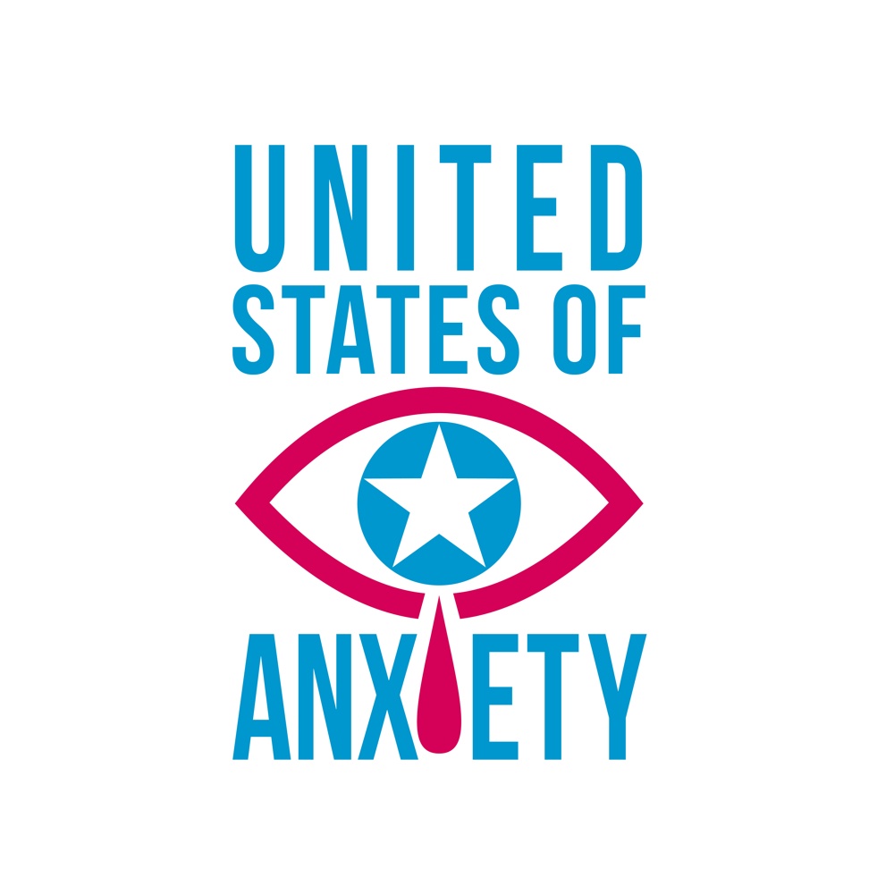 Retro style illustration of a blue crying eye with star and red teardrop or tears falling with words United States of Anxiety on isolated background done in red and blue color.. Blue Crying Eye with Star and Red Tear Drop or Tears Falling with Words United States of Anxiety Retro Style