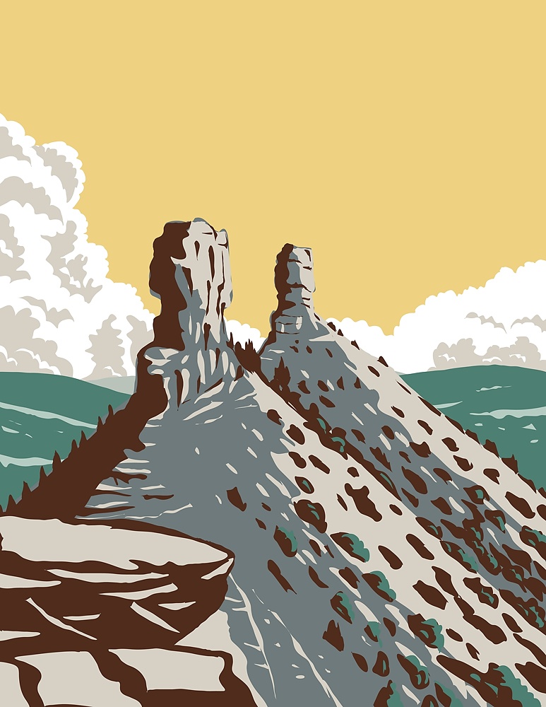 WPA poster art of the Chimney Rock National Monument in San Juan National Forest in southwestern Colorado which includes an archaeological site done in works project administration style.. Chimney Rock National Monument in San Juan National Forest in Southwestern Colorado WPA Poster Art