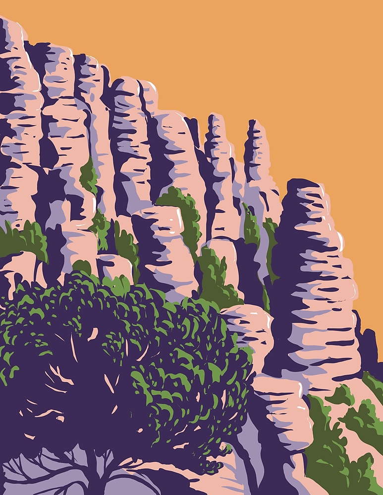 WPA poster art of the hoodoos and balancing rocks Chiricahua National Monument located in the Chiricahua Mountains of southeastern Arizona, United States done in works project administration style.. The Hoodoos and Balancing Rocks Chiricahua National Monument in the Chiricahua Mountains of Southeastern Arizona WPA Poster Art