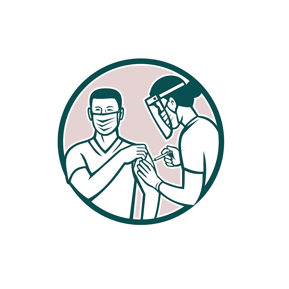 Icon retro style illustration of a frontline worker vaccinated with Covid-19 vaccination by a medical doctor or nurse set inside circle isolated background.. Frontline Worker Vaccinated with Covid-19 Vaccine by a Medical Doctor or Nurse Set in Circle Retro Icon