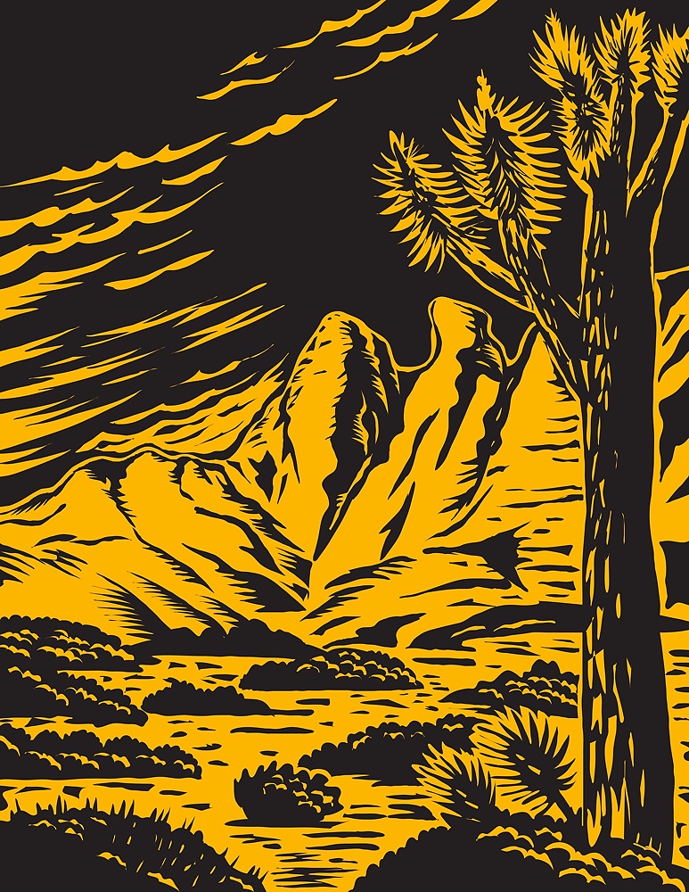 Woodcut style poster art of the Joshua tree in the remote and rugged desert landscape of Gold Butte National Monument located in Clark County in southeastern Nevada done in WPA style.. Joshua Tree in the Remote and Rugged Desert Landscape of Gold Butte National Monument in Clark County Nevada Woodcut WPA Poster Art