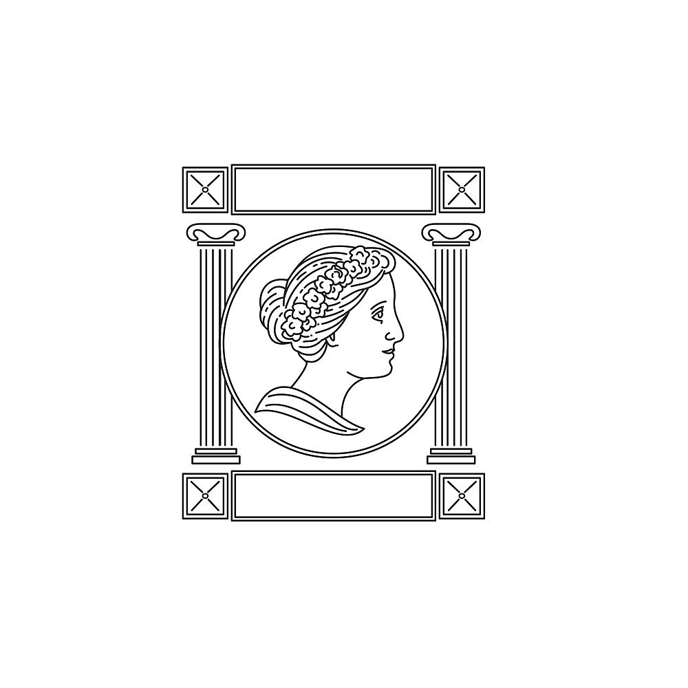 Mono line illustration of a one of the nine Greek muse in ancient Greek mythology viewed from side with pillar or column set inside circle done in black and white monoline style.. One of the Nine Greek Muse in Ancient Greek Mythology Viewed from Side with Pillar Monoline Style