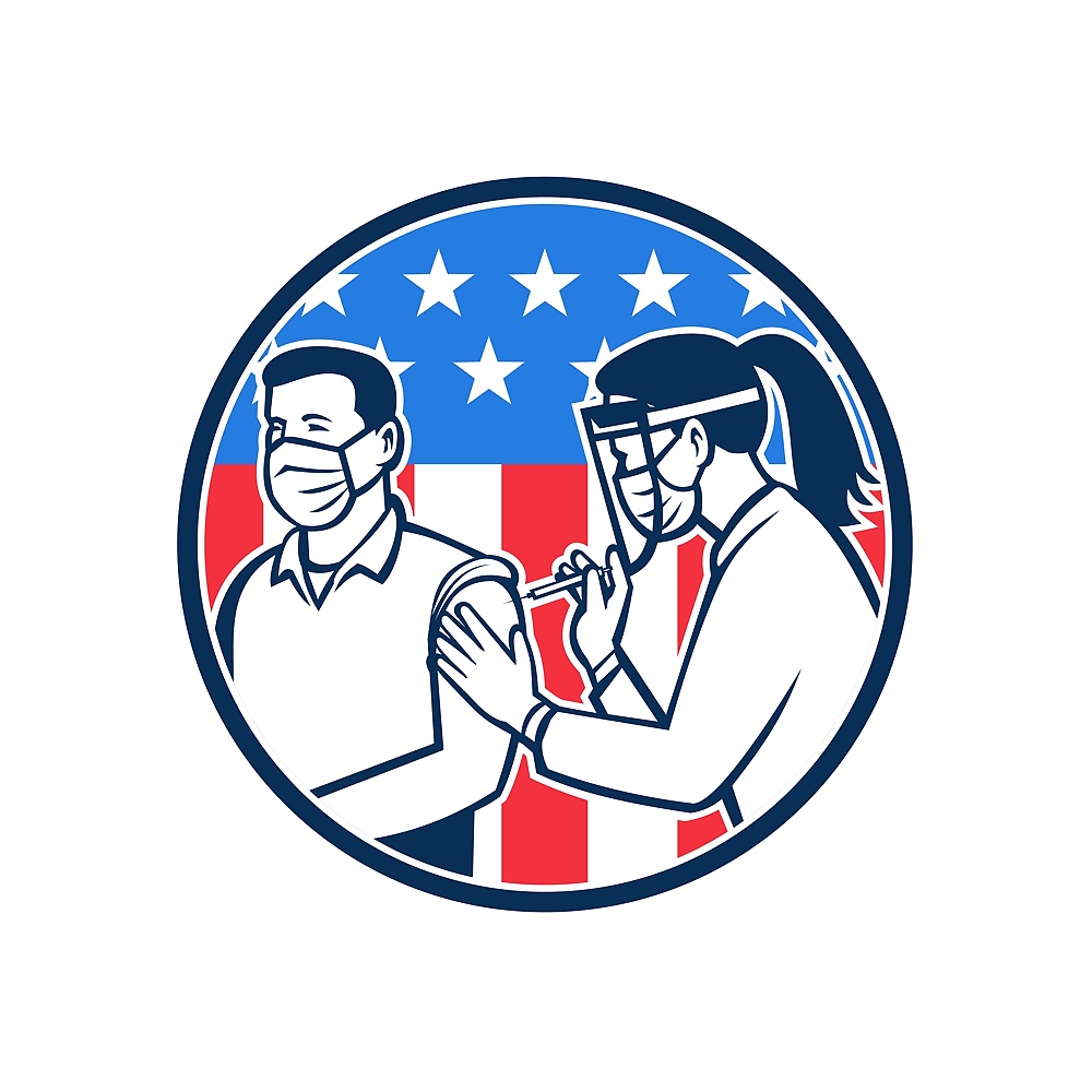 Icon retro style illustration of an American frontline worker vaccinated with Covid-19 vaccination by a medical doctor or nurse with USA stars and stripes flag inside circle isolated background.. American Frontline Worker Vaccinated with Covid-19 Vaccine by a Medical Doctor or Nurse with Usa Flag Retro Icon