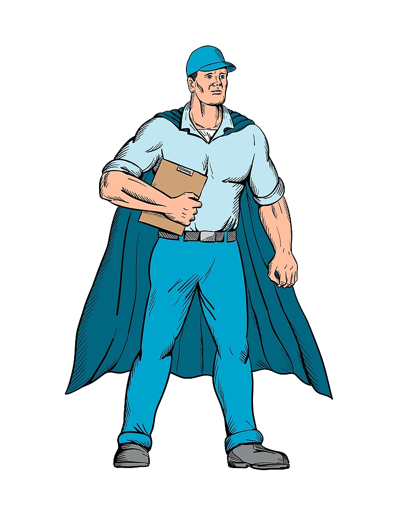 Cartoon style illustration of a worker as a superhero wearing a cape and holding a clipboard standing viewed from front on isolated background done in full color.. Worker as a Superhero Wearing a Cape and Holding a Clipboard Standing Viewed from Front Cartoon Style
