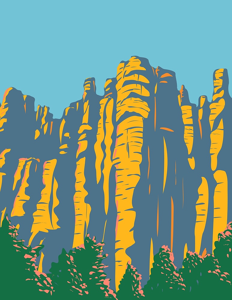 WPA poster art of hoodoos in the Chiricahua Mountains located in Chiricahua National Monument in Arizona, United States done in works project administration style or federal art project style.. Hoodoos in the Chiricahua Mountains Located in Chiricahua National Monument in Arizona United States WPA Poster Art