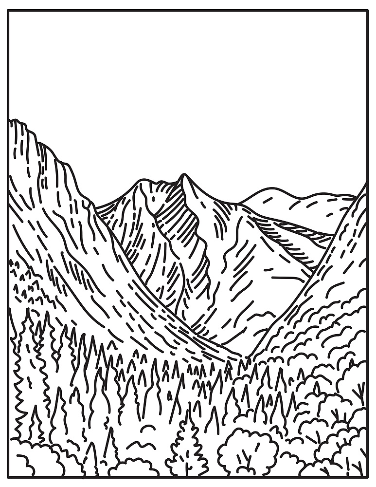 Mono line illustration of Kings Canyon from Paradise Valley in Kings Canyon National Park within Sierra Nevada, California United States done in retro black and white monoline line art style.. Kings Canyon from Paradise Valley in Kings Canyon National Park within Sierra Nevada California United States Mono Line or Monoline Black and White Line Art